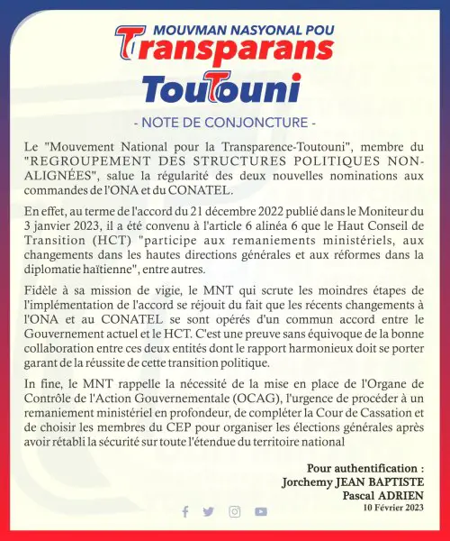 Le Mouvement National pour la Transparence-Toutouni salue les nouvelles nominations dans l'administration publique