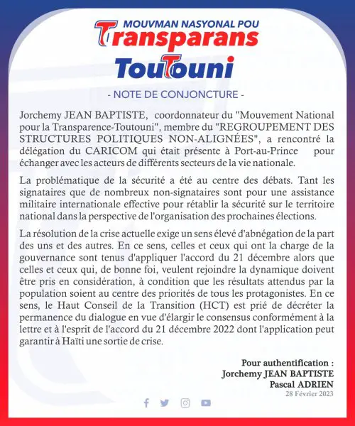 Le Mouvement National pour la Transparence-Toutouni a pris part à la rencontre avec la délégation de la CARICOM